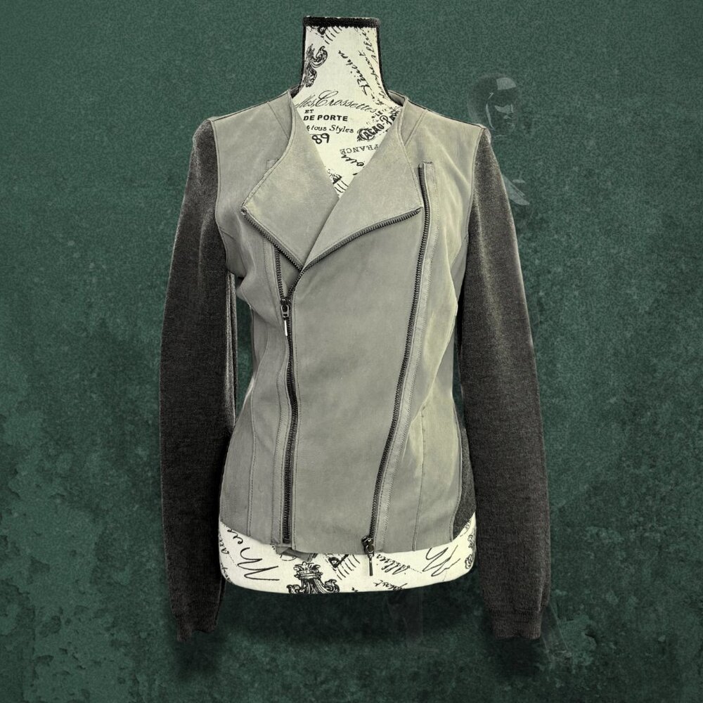 Elie Tahari Lamb Leather Merino Wool Patched Double Zippers Gray Jacket size S